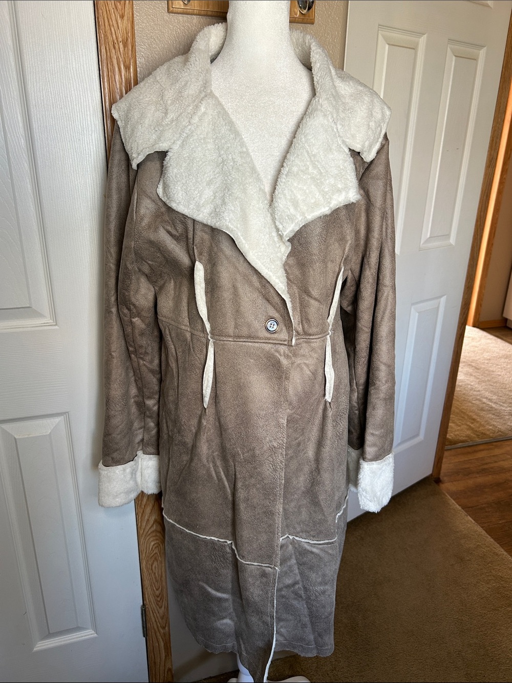 Taupe Faux-Suede Shearling Coat with Cream Lining